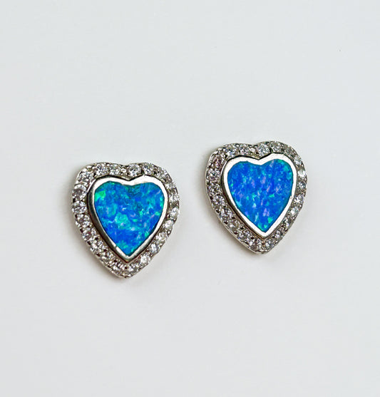 Blue Opal Heart Sterling Silver Studs