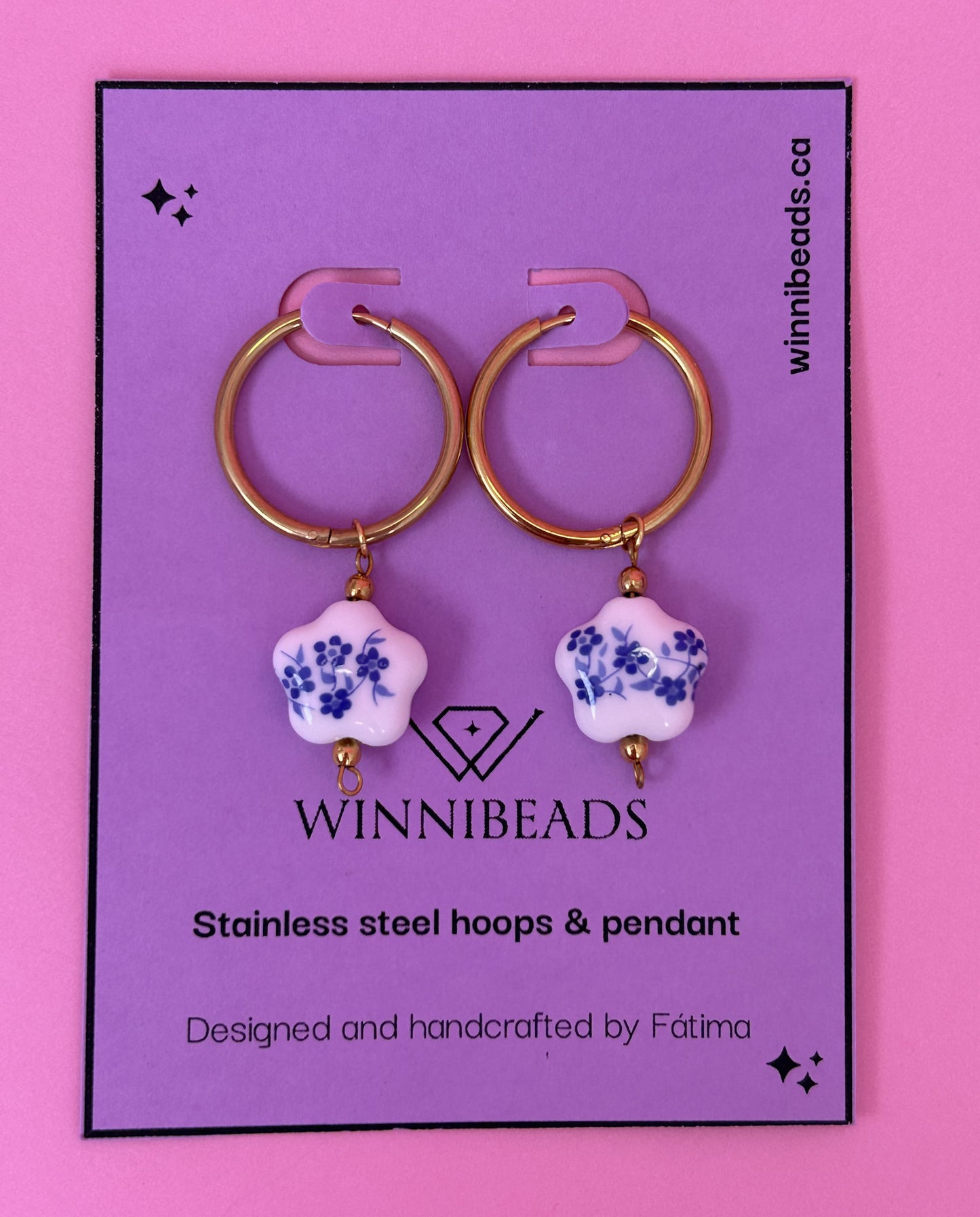 White Floral Ceramic Hoop Earrings