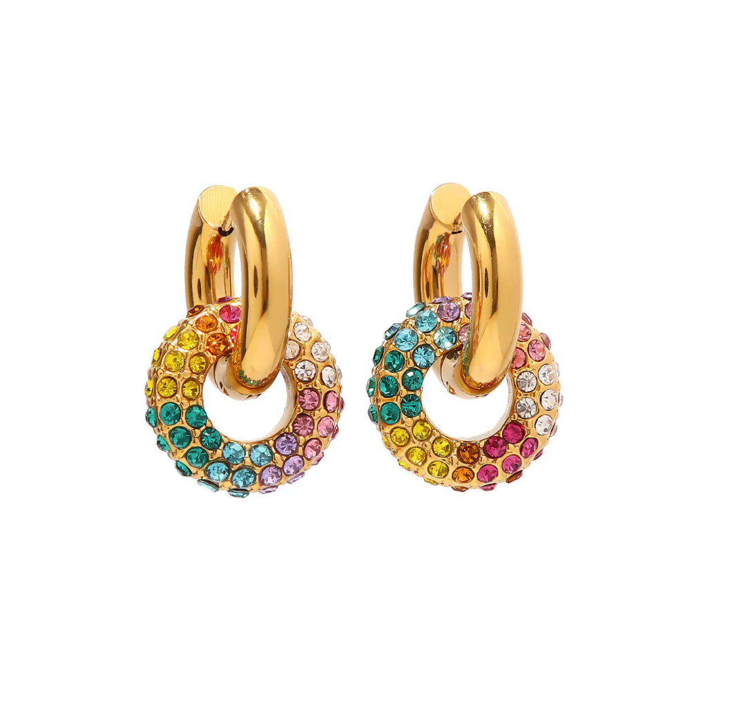 Rainbow Crystal Drop Hoop Earrings