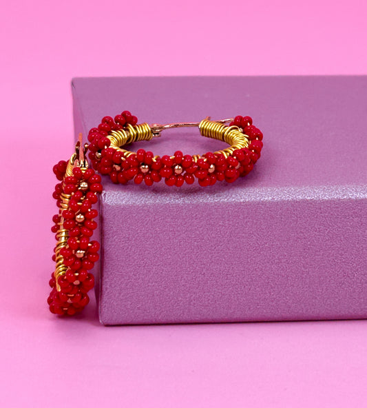 Red Daisy Hoop Earrings