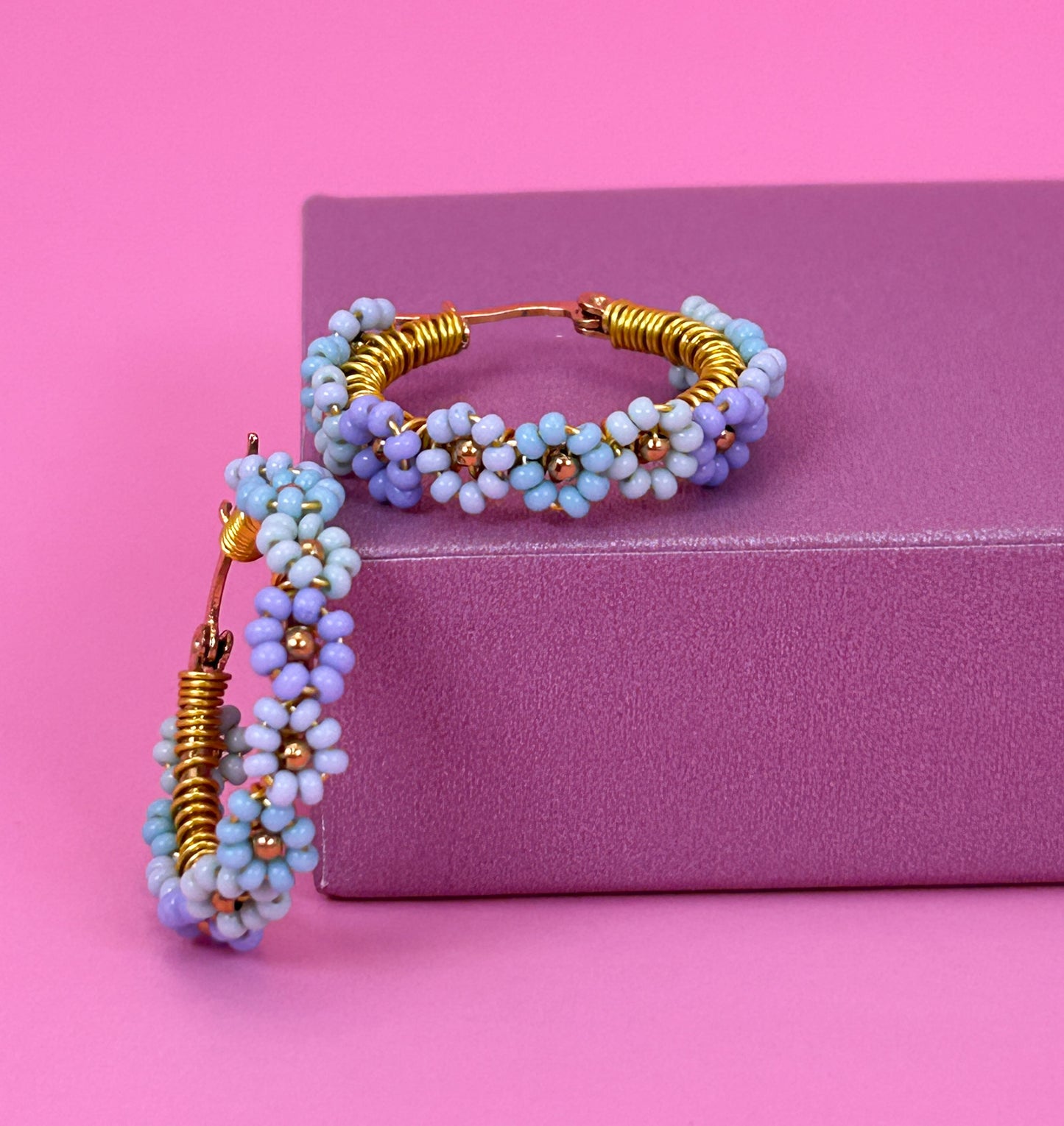 Ocean Blue Daisy Hoop Earrings