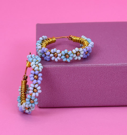 Ocean Blue Daisy Hoop Earrings