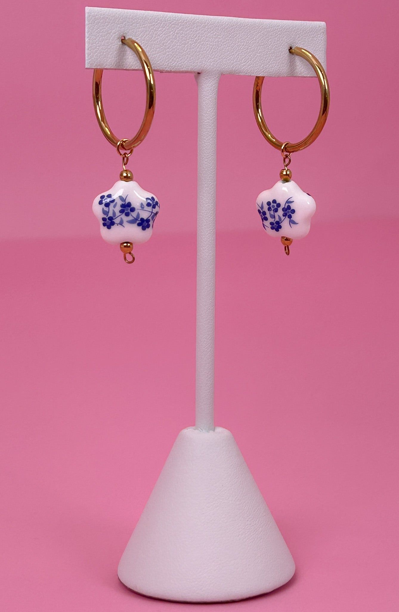 White Floral Ceramic Hoop Earrings