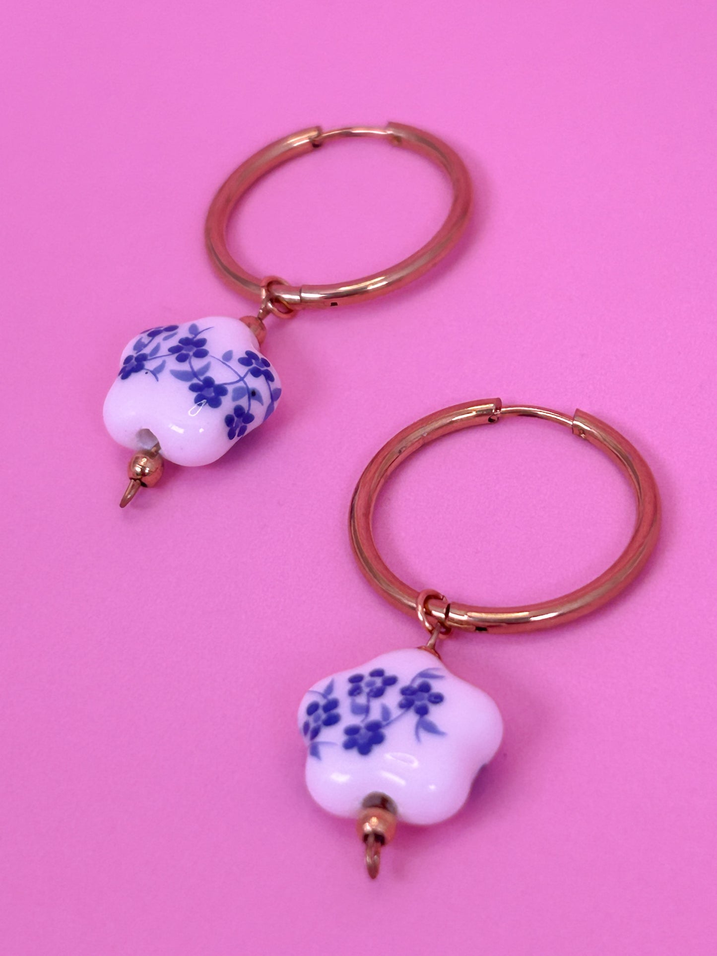 White Floral Ceramic Hoop Earrings
