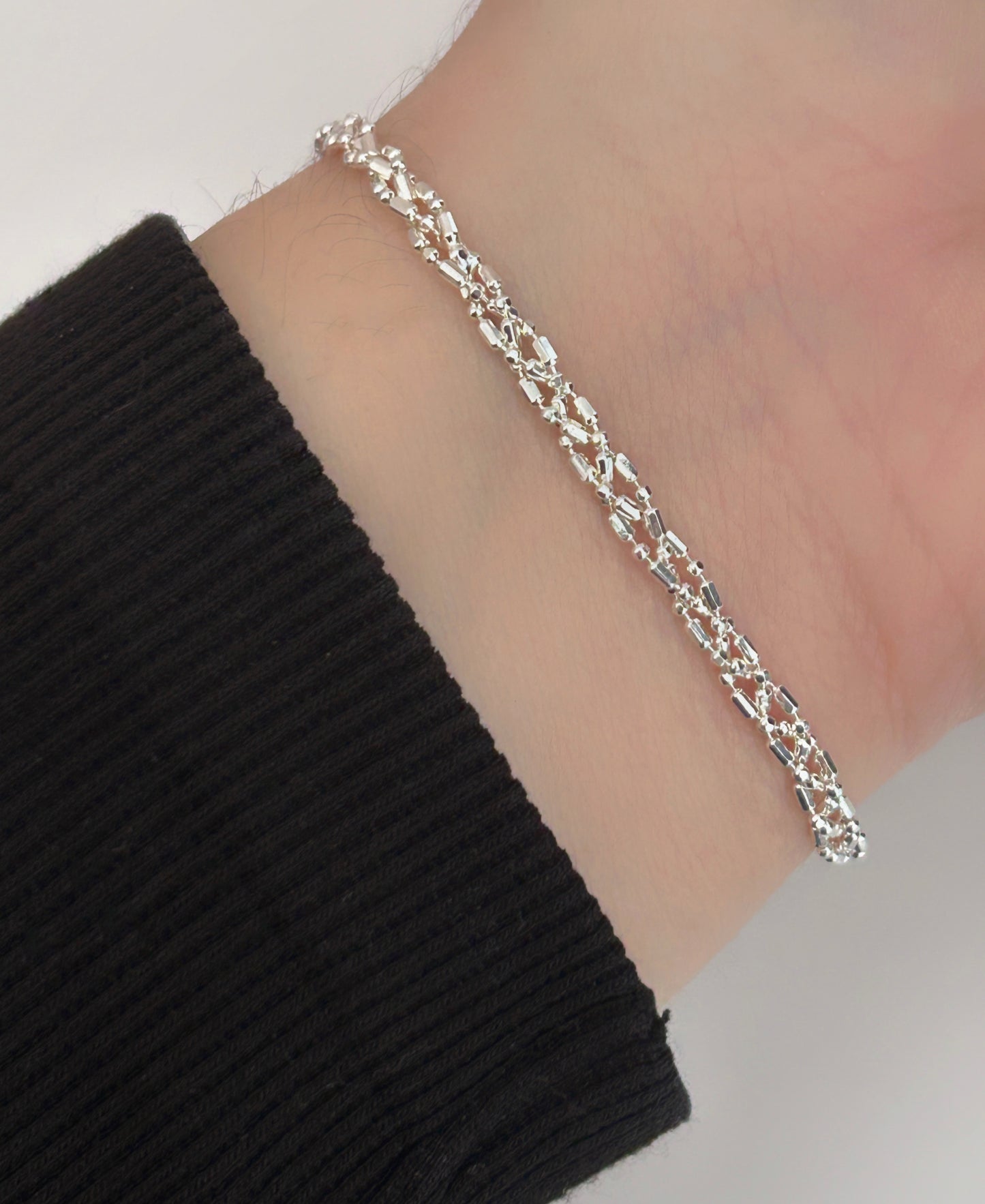 Sterling Silver Triple Chain Diamond-Cut Bead Bracelet