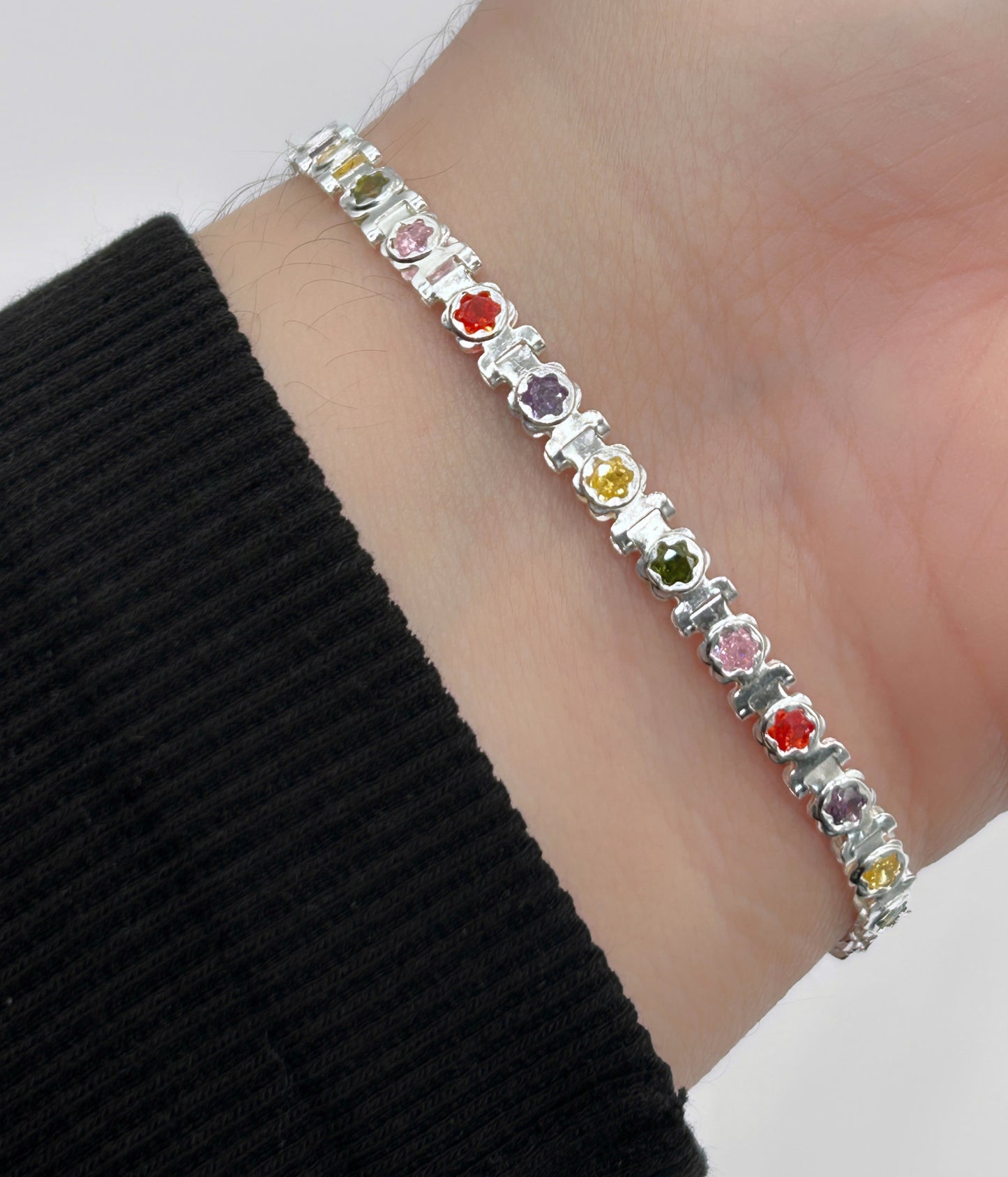 Rainbow Bloom Sterling Silver Floral Zirconia Bracelet