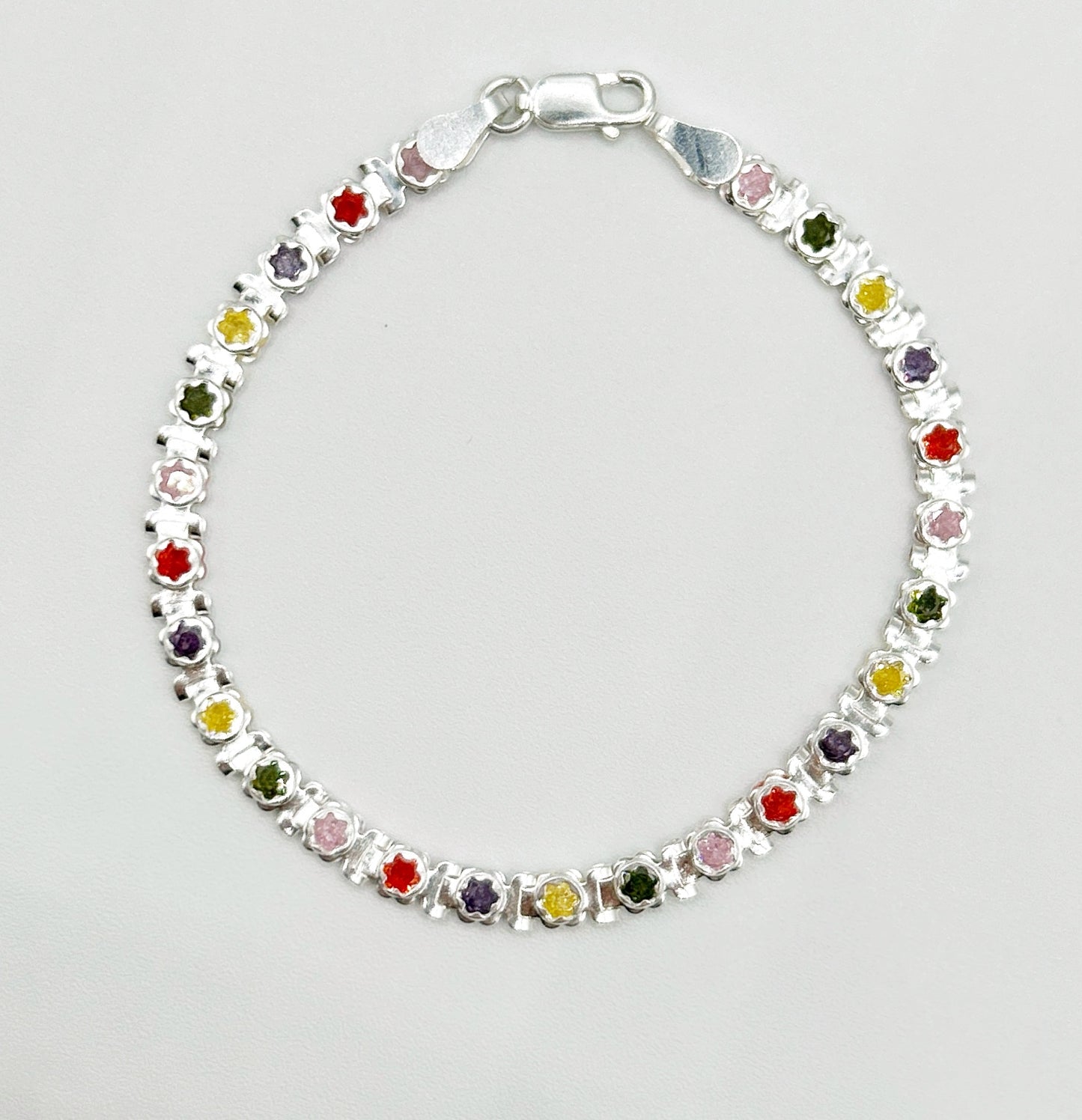 Rainbow Bloom Sterling Silver Floral Zirconia Bracelet